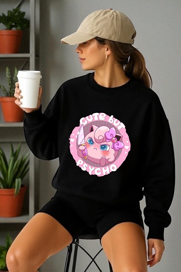 سويت شيرت برقبة دائرية وأكمام طويلة للجنسين من Psycho Jiggle Puff مطبوع عليه طباعة نقل حراري