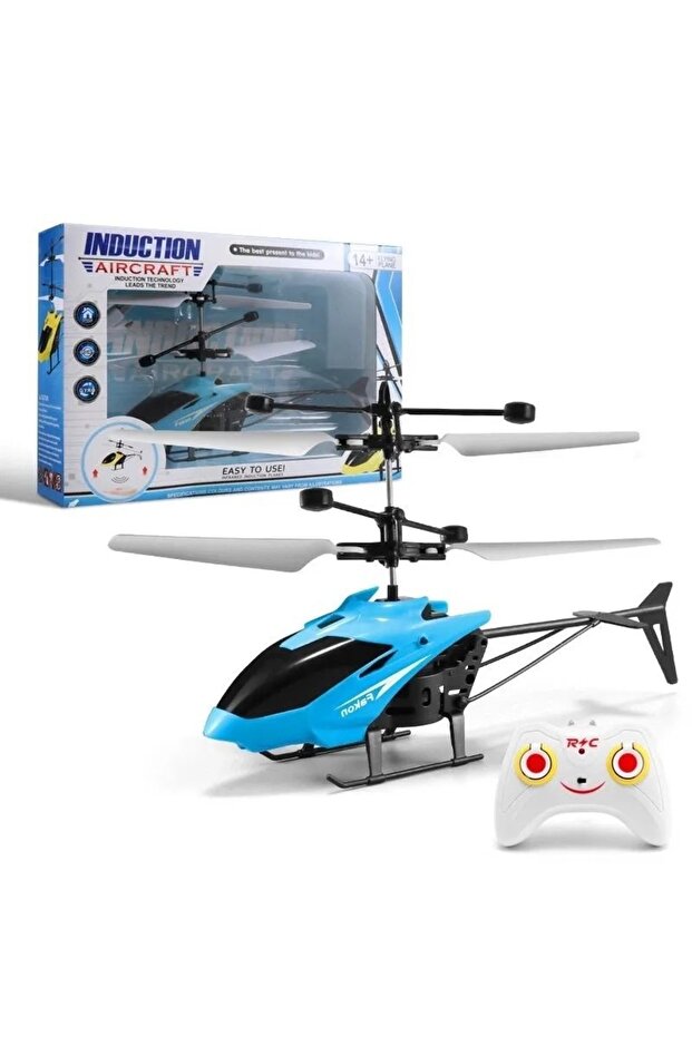 Sensörlü Uçan Helikopter Drone – USB Şarjlı, LED Işıklı, Dayanıklı Mini RC Helikopter (Mavi) - 1