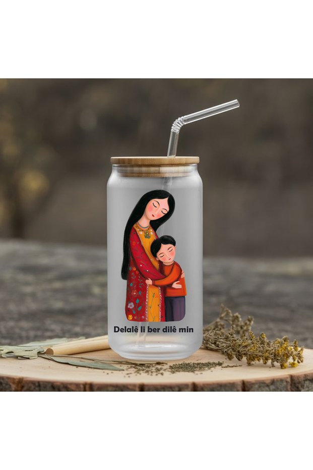 Kurdish Water Milk Juice Glass Water Bottle with Straw for Children - Delalê Li Ber Dilê Min Water Bottle (600 ml)