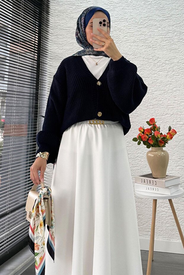 Balon Kol Gold Buttoned Knitwear Cardigan – Navy Blue