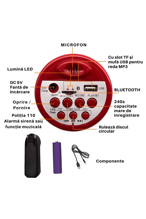 Powerful and Portable Loudspeaker Megaphone with Microphone, Recording, Battery and Bluetooth, Siren - 10