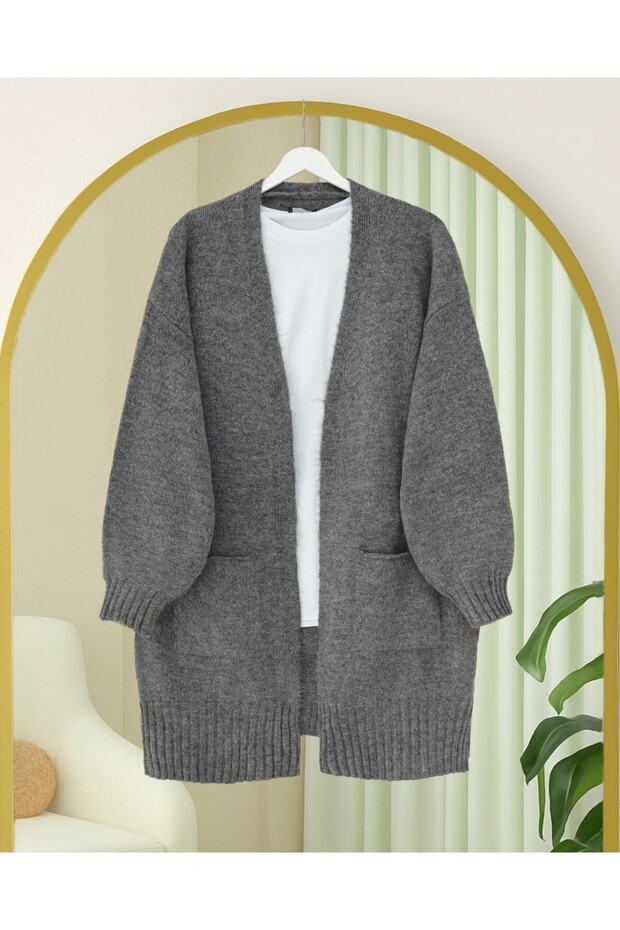 Çift Cepli Yırtmaçlı Yumoş Hırka -Füme - 1