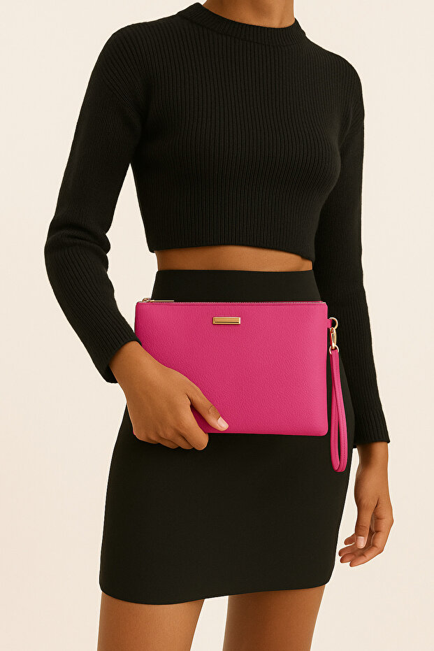 Hand Strap Portfolio Clutch Bag with Pink Metal Accessories