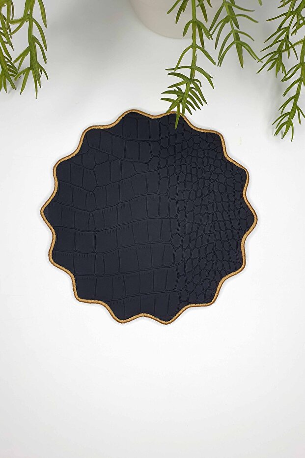 Black Matte Faux Crocodile Leather Fabric Serrated Oval Embroidered Cocktail Napkin 1 Piece