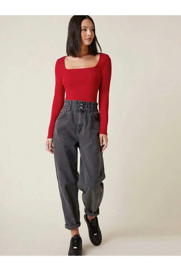 Kadın Kırmızı Kare Yaka Uzun Kollu Vücudu Saran İpek Jarse Kumaş Basic Bluz Badic - 5