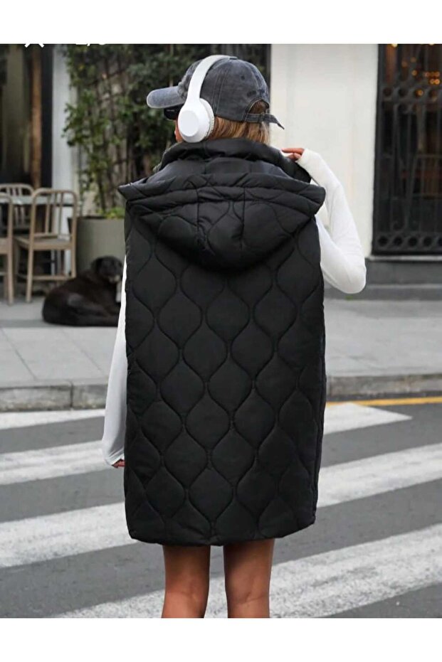 kapşonlu kapitone uzun yelek - 2