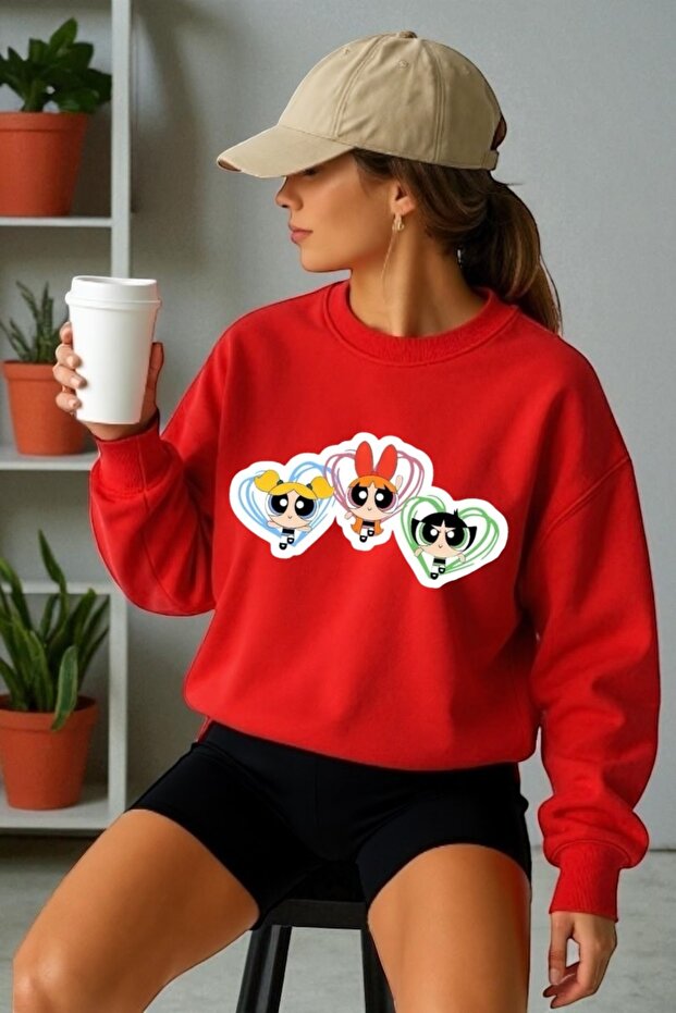Unisex Long Sleeve Powerpuff Girls Transfer Printed Crew Neck Sweatshirt