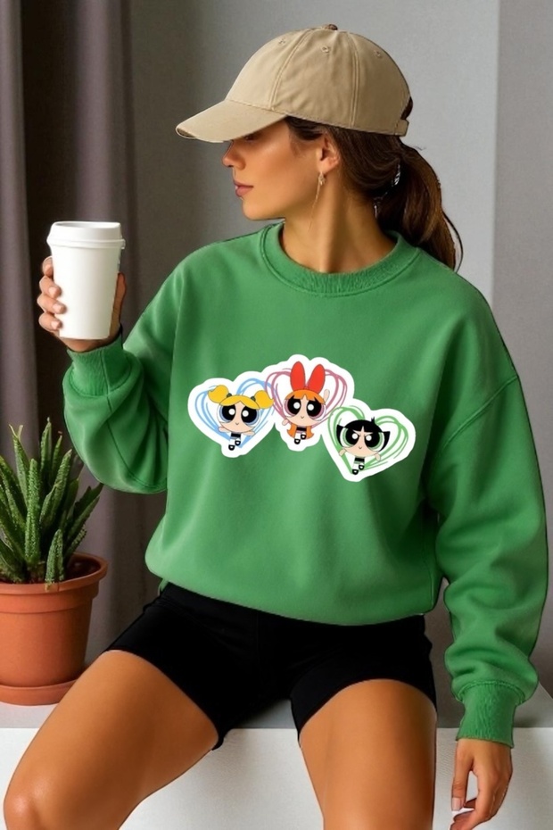 Unisex Long Sleeve Powerpuff Girls Transfer Printed Crew Neck Sweatshirt