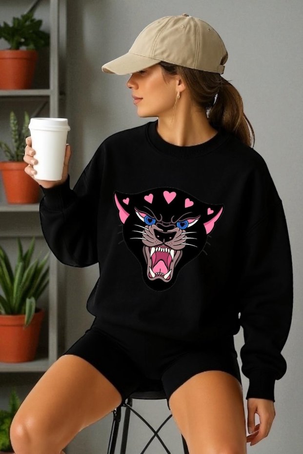 Unisex Long Sleeve Black Tiger Transfer Printed Crew Neck Sweatshirt