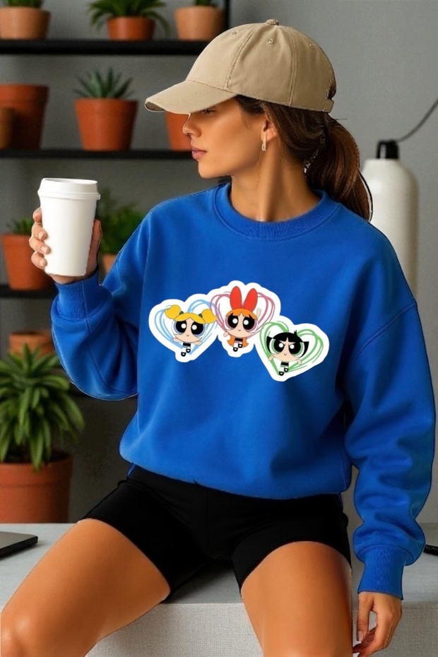 Unisex Long Sleeve Powerpuff Girls Transfer Printed Crew Neck Sweatshirt