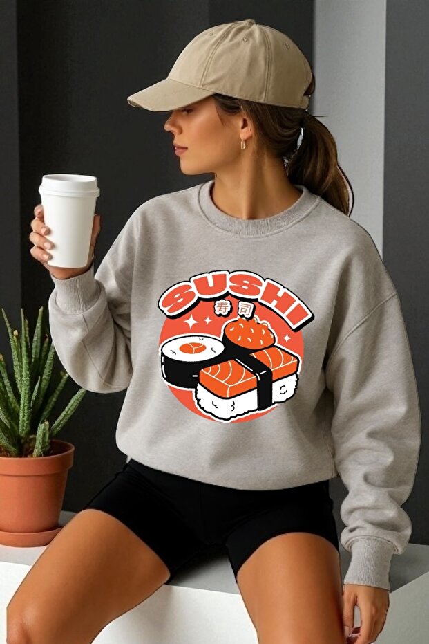 Unisex Long Sleeve Sushi Transfer Printed Crew Neck Sweatshirt