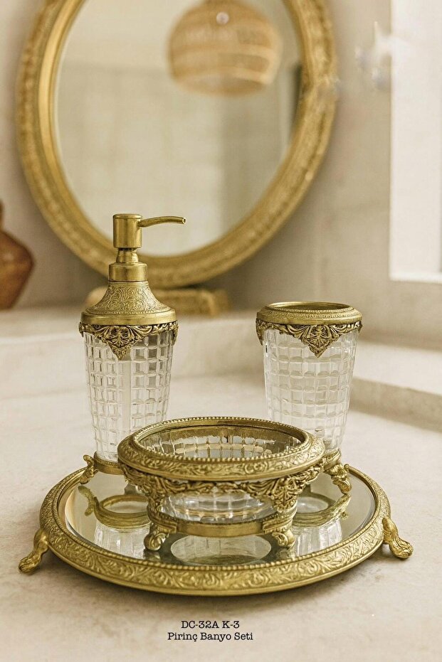 Brass Bathroom Set with Crystal Stylish Motif Mirrored Tray 4 Pieces