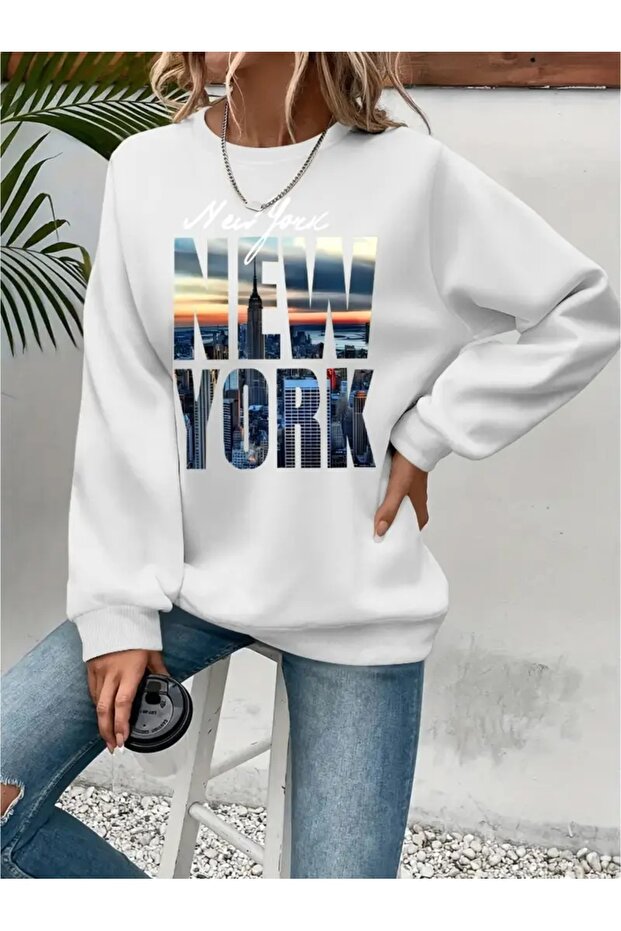 Printed Circular Neck Oversize Three-Thread Ribbed Sweatshirt