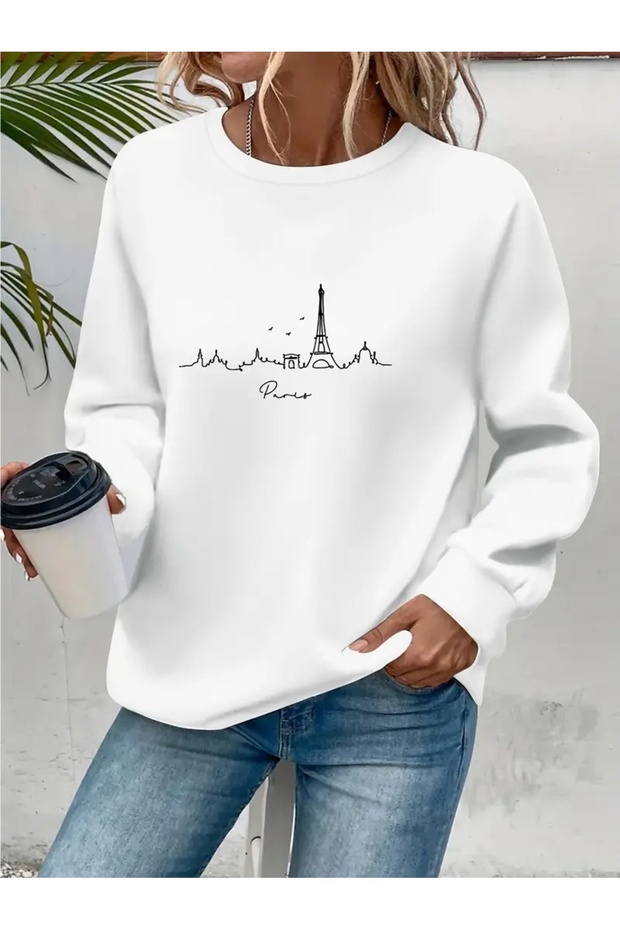 Printed Circular Neck Oversize Three-Thread Ribbed Sweatshirt