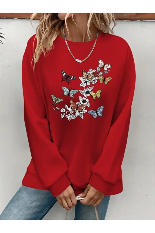 Printed Circular Neck Oversize Three-Thread Ribbed Sweatshirt