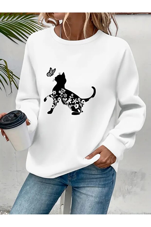 Printed Circular Neck Oversize Three-Thread Ribbed Sweatshirt