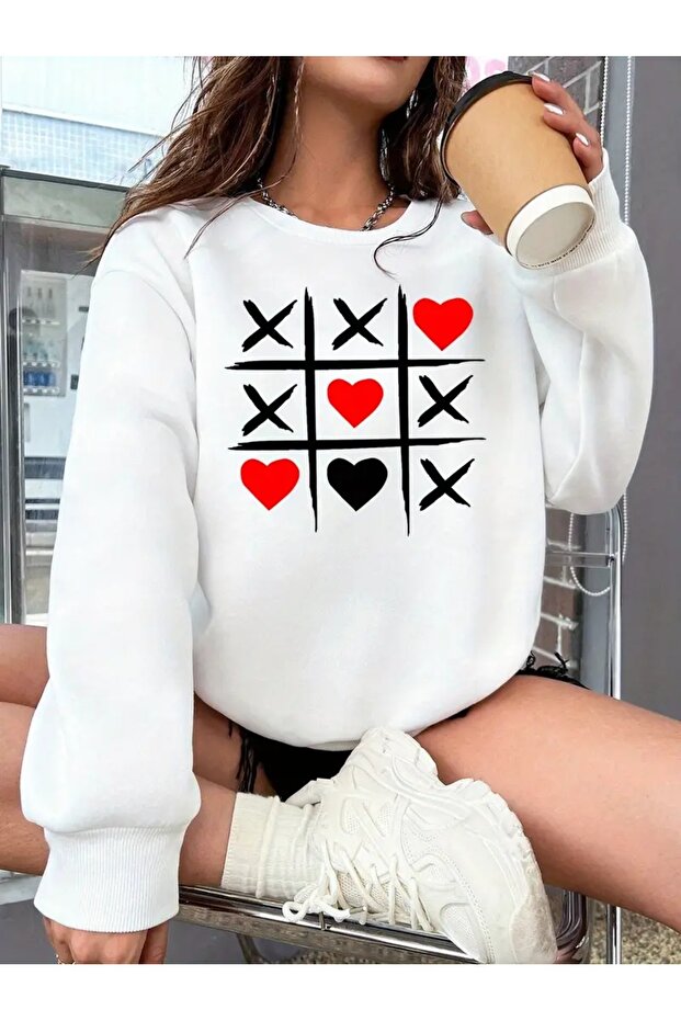 Printed Circular Neck Oversize Three-Thread Ribbed Sweatshirt