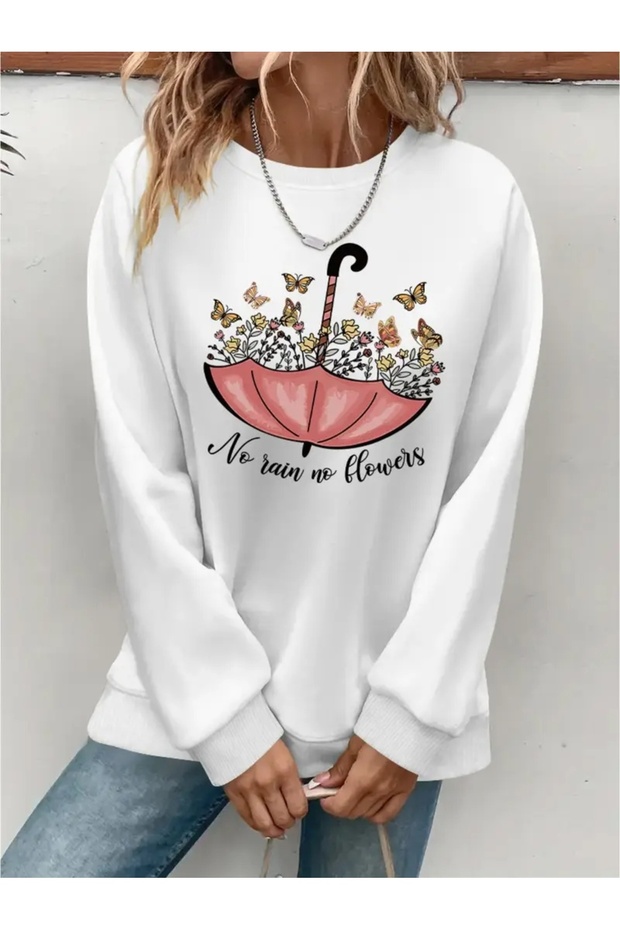 Printed Circular Neck Oversize Three-Thread Ribbed Sweatshirt