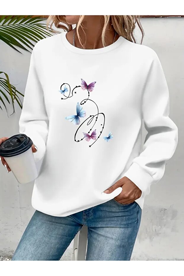 Printed Circular Neck Oversize Three-Thread Ribbed Sweatshirt