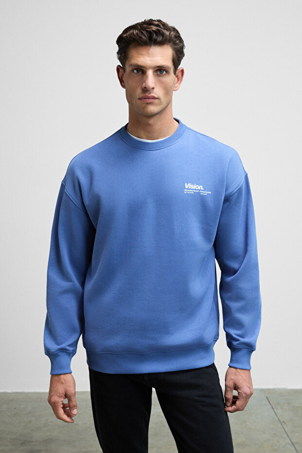 Ernest Men's Organic Cotton Soft Print Detailed Crew Neck Light Blue Sweatshirt with Fleece Inside