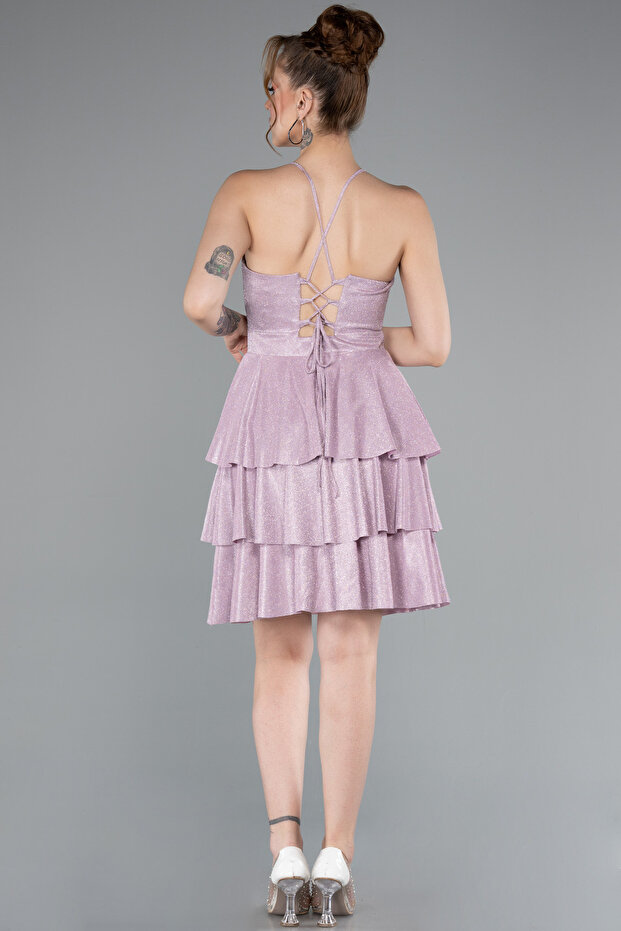 Pudra Askılı Katlı Etekli Simli Kısa Davet Elbisesi ABK2357 - 2