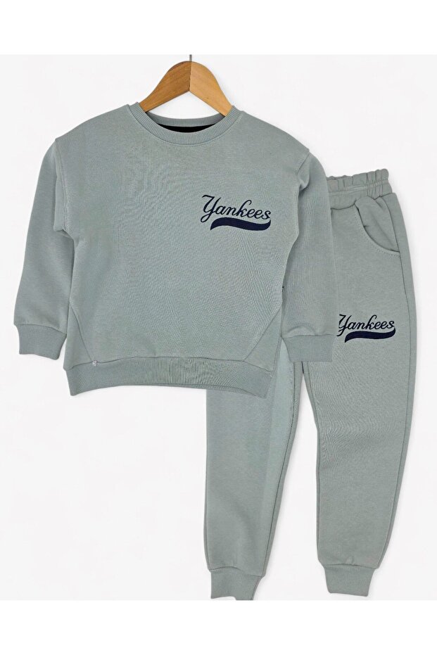 Yankees Printed Winter Boys' Tracksuit Set |   5-9 Years Old 3-Thread Ribbed Sweatshirt & Bottoms