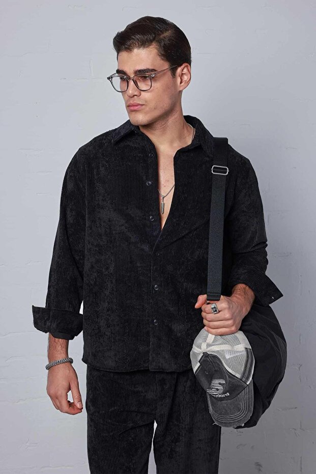 Men's Oversize Velvet Textured Long Sleeve Shirt Black