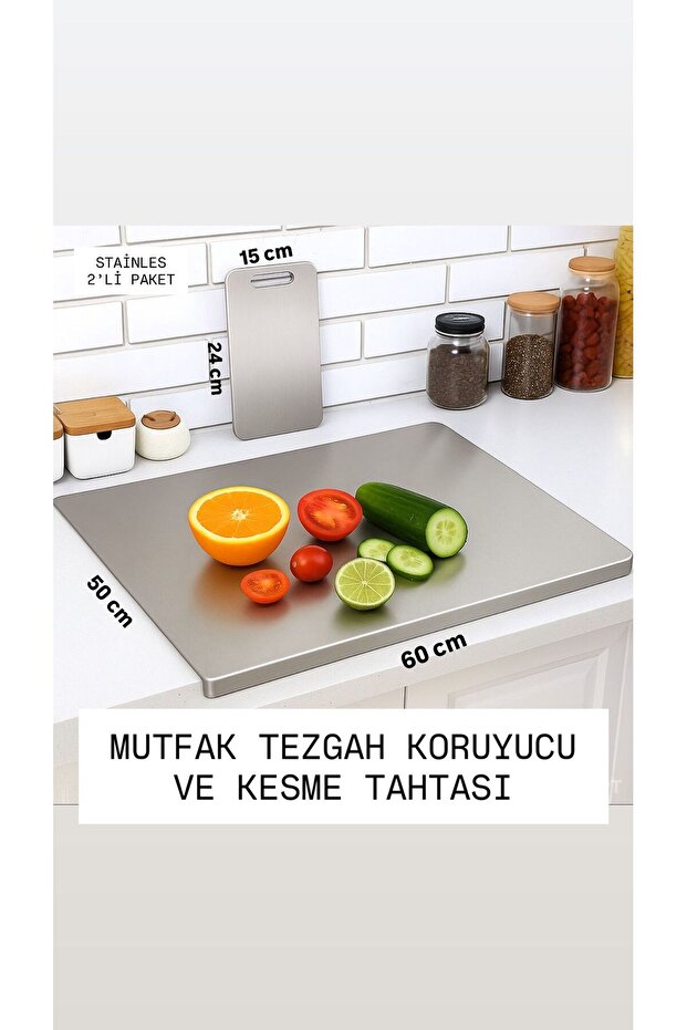 Stainless Steel Set of 2 Counter Protector 50X60Cm and Cutting Board 15X24 cm