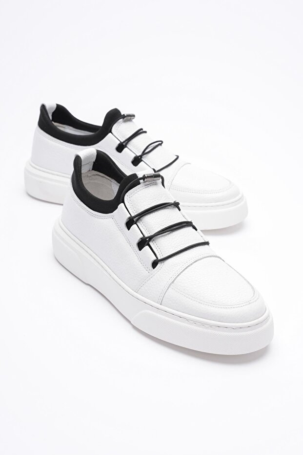 Men's Genuine Leather Stretch Sneaker with Rubber Detail White Enzo