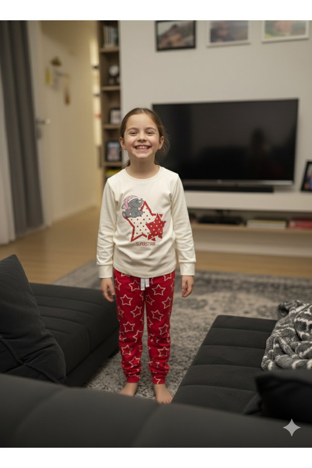 Girls' Pajama Set 100% Cotton Long Sleeve Winter Elephant Star Red White