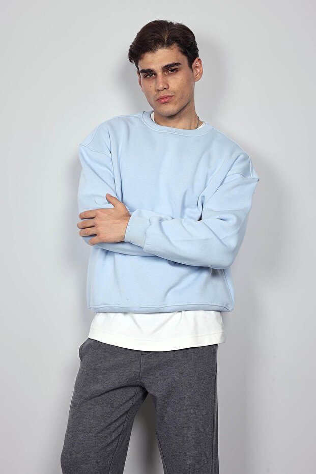 Erkek Oversize Bisiklet Yaka Basic Sweatshirt Açık Mavi - 3