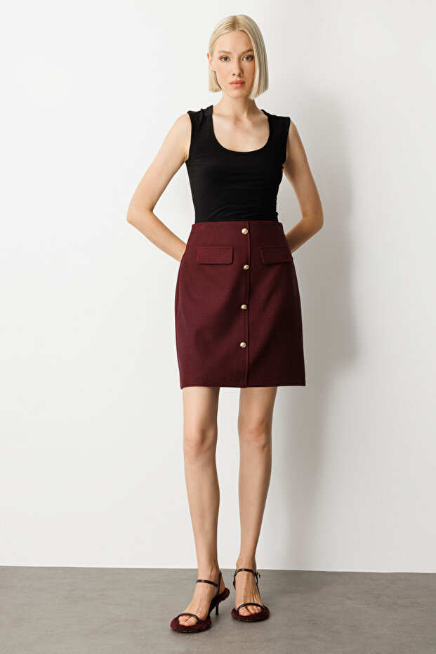 Süs Düğmeli Mini Kaşe Etek - 2