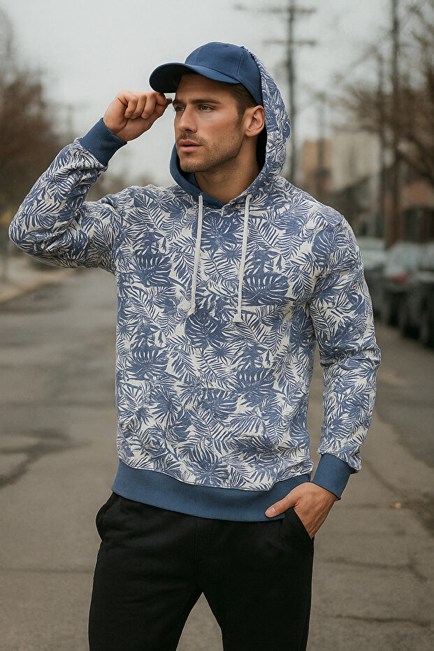 Men's Patterned Pocket Detailed Basic Hooded Oversize Sweatshirt - 5