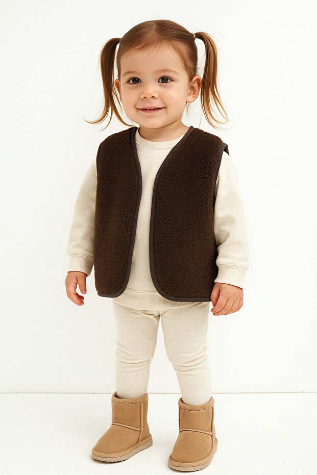 Teddy Peluş Unisex Yelek -Kahve - 4