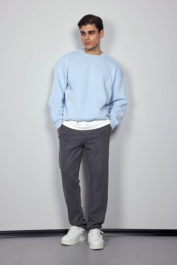 Erkek Oversize Bisiklet Yaka Basic Sweatshirt Açık Mavi - 9