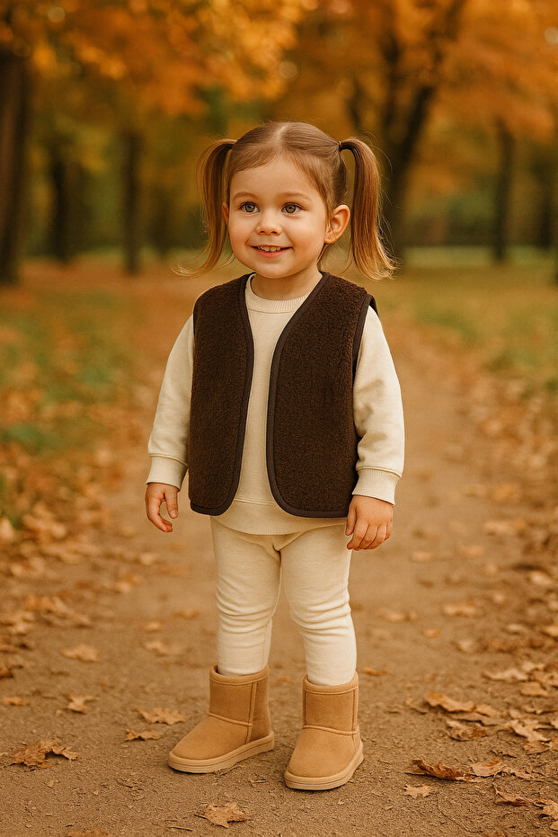 Teddy Peluş Unisex Yelek -Kahve - 1