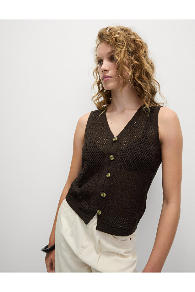 Pamuk Karışımlı Düğmeli Triko Yelek - 4