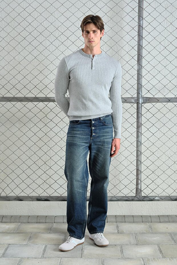 Men's Slim Fit Buttoned Knitwear Gray T-Shirt