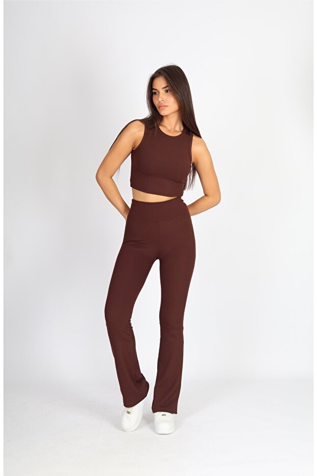 Top cu guler halter, din material elastic, maro - 5