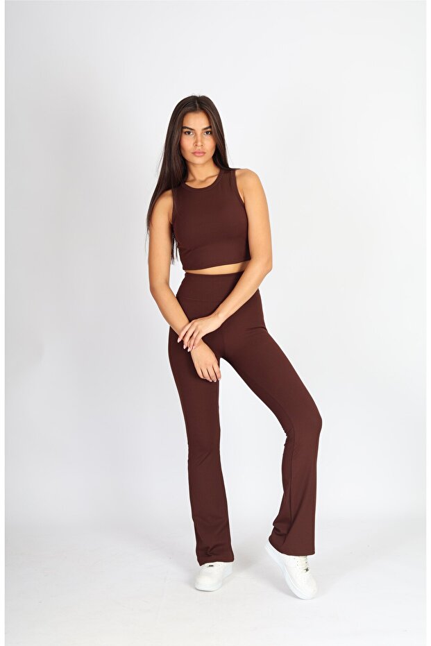 Top cu guler halter, din material elastic, maro - 4