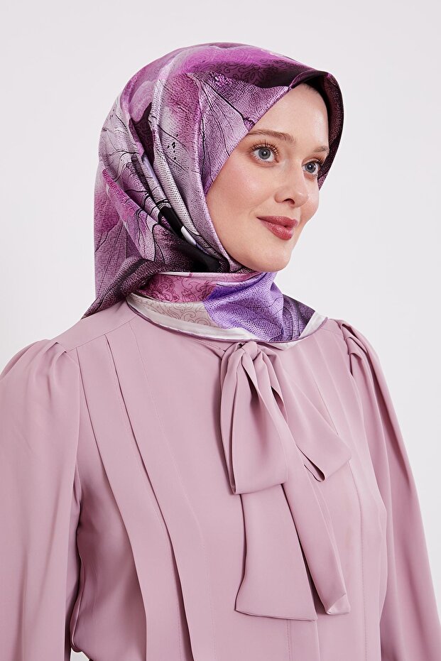Violet Abstract Marbled Pattern Twill Silk Scarf - 1