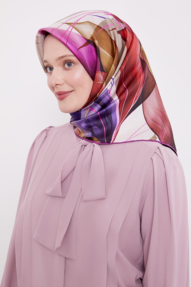 Purple Thin Leaf Pattern Twill Silk Scarf - 1