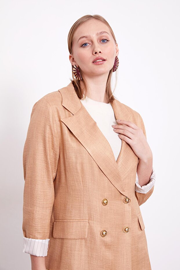 Camel Self-Patterned Snap Closure Jacket Set - 5