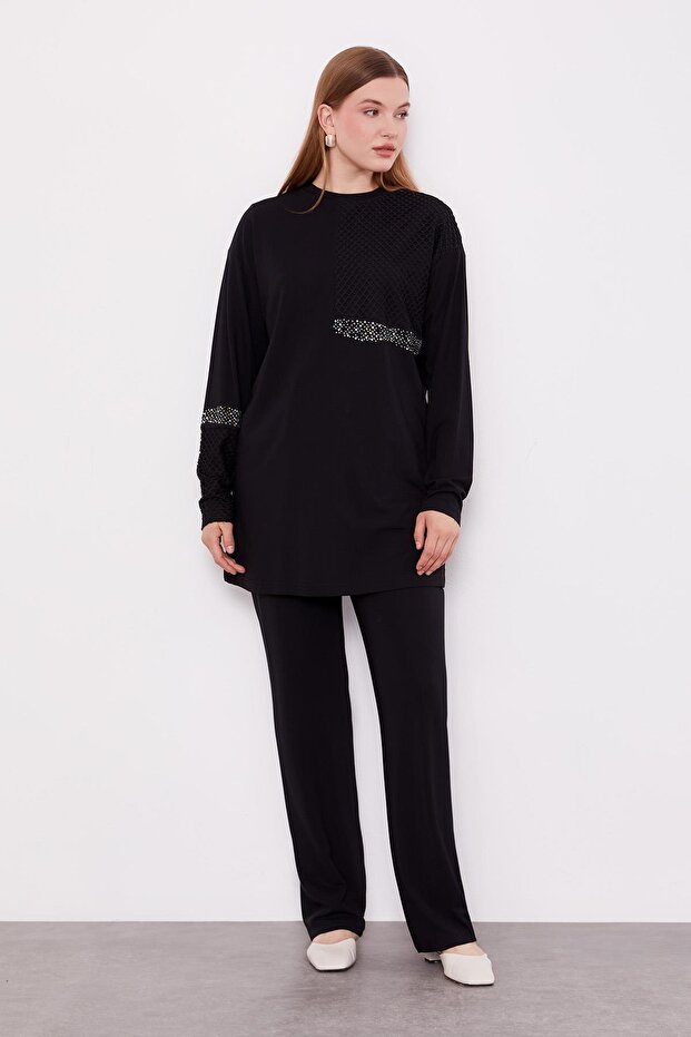 Black Mesh Detailed Double Suit