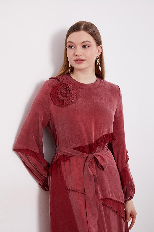 Bordo Dantel Şeritli Cupra Elbise - 3