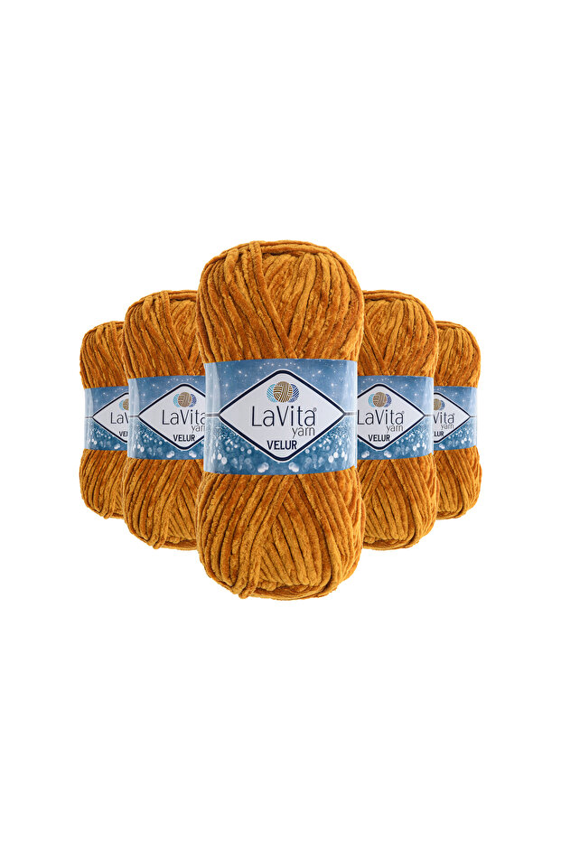 Velur Velvet Hand Knitting Yarn 100% Polyester 500Gr 5 Pcs (7108 Mustard)