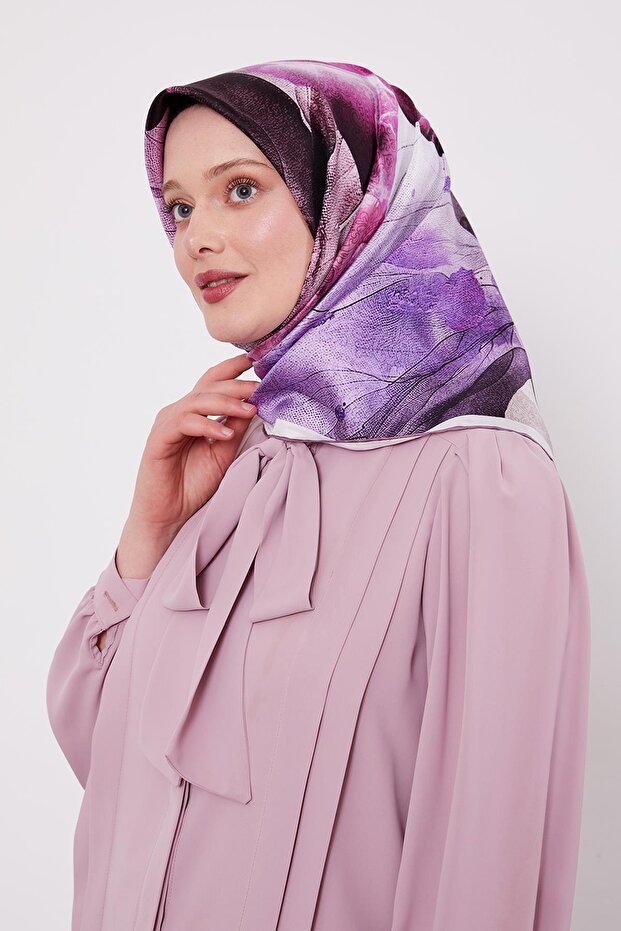 Violet Abstract Marbled Pattern Twill Silk Scarf - 2