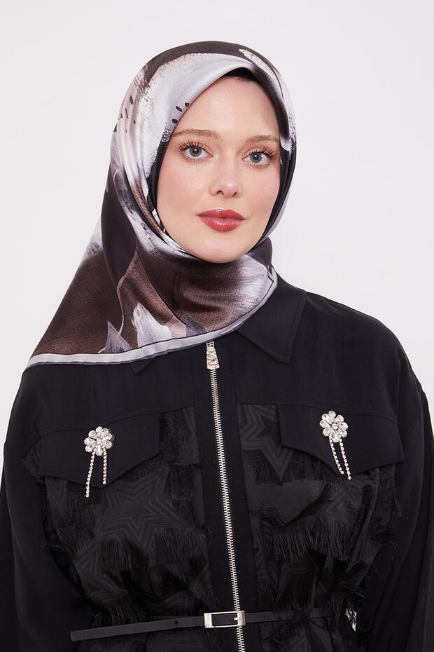 Black Reflection Leaf Pattern Twill Silk Scarf - 3