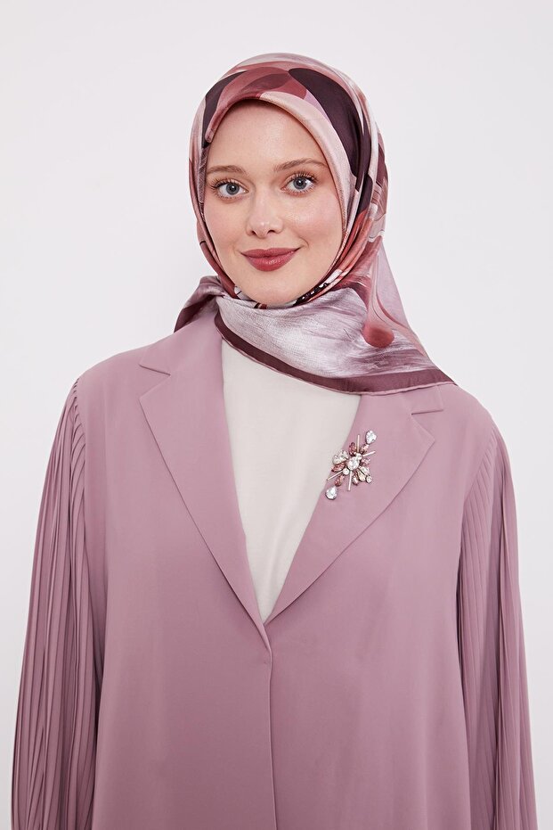 Rose Violet Pattern Twill Silk Scarf - 3