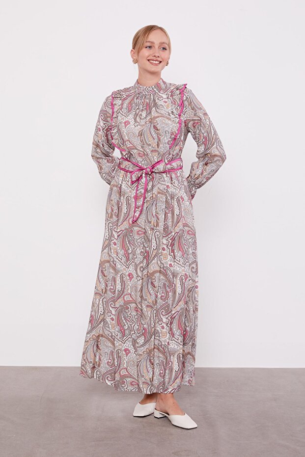 Mink Ruffled Ethnic Pattern Dress